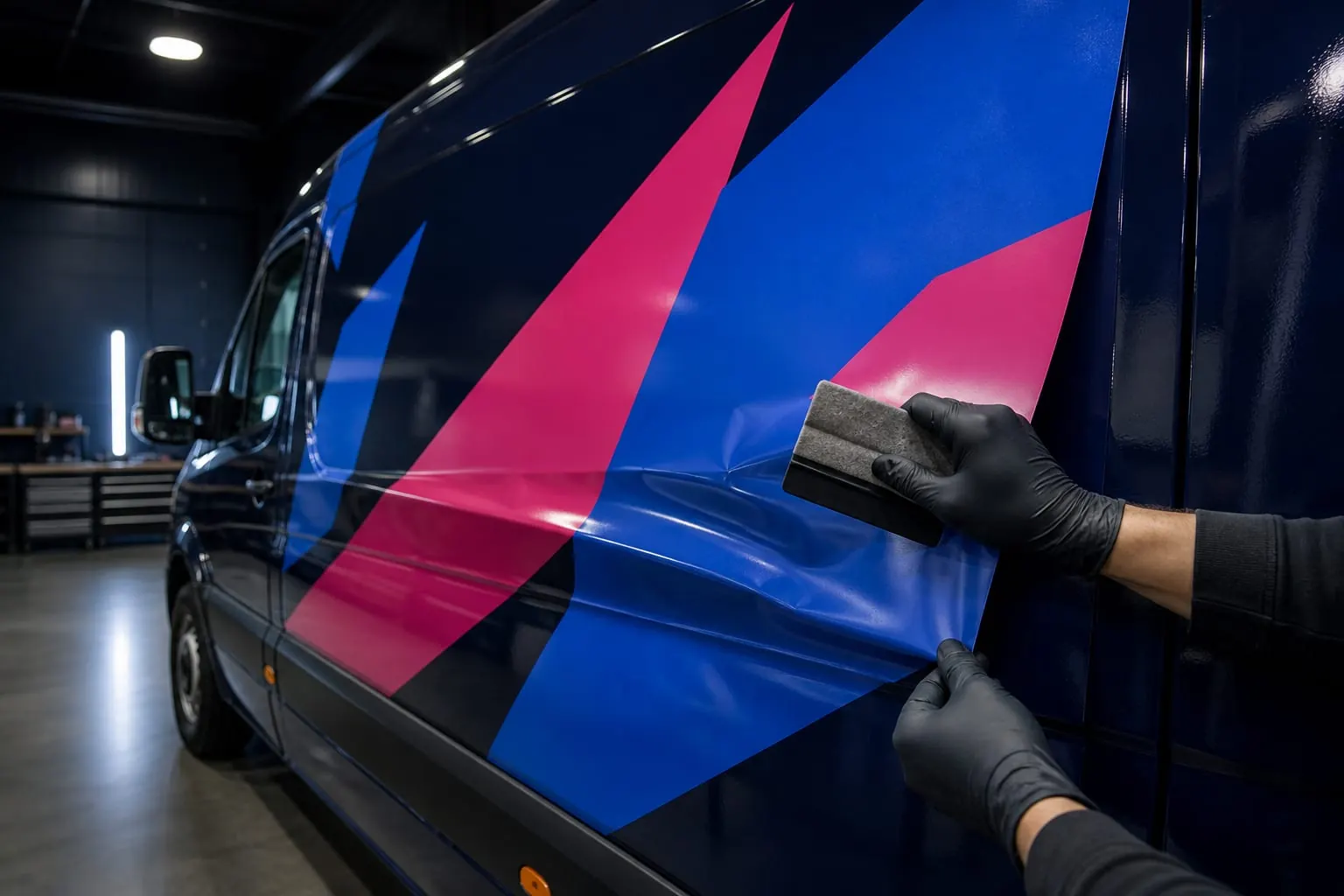 A commercial van being wrapped with printed vinyl graphics